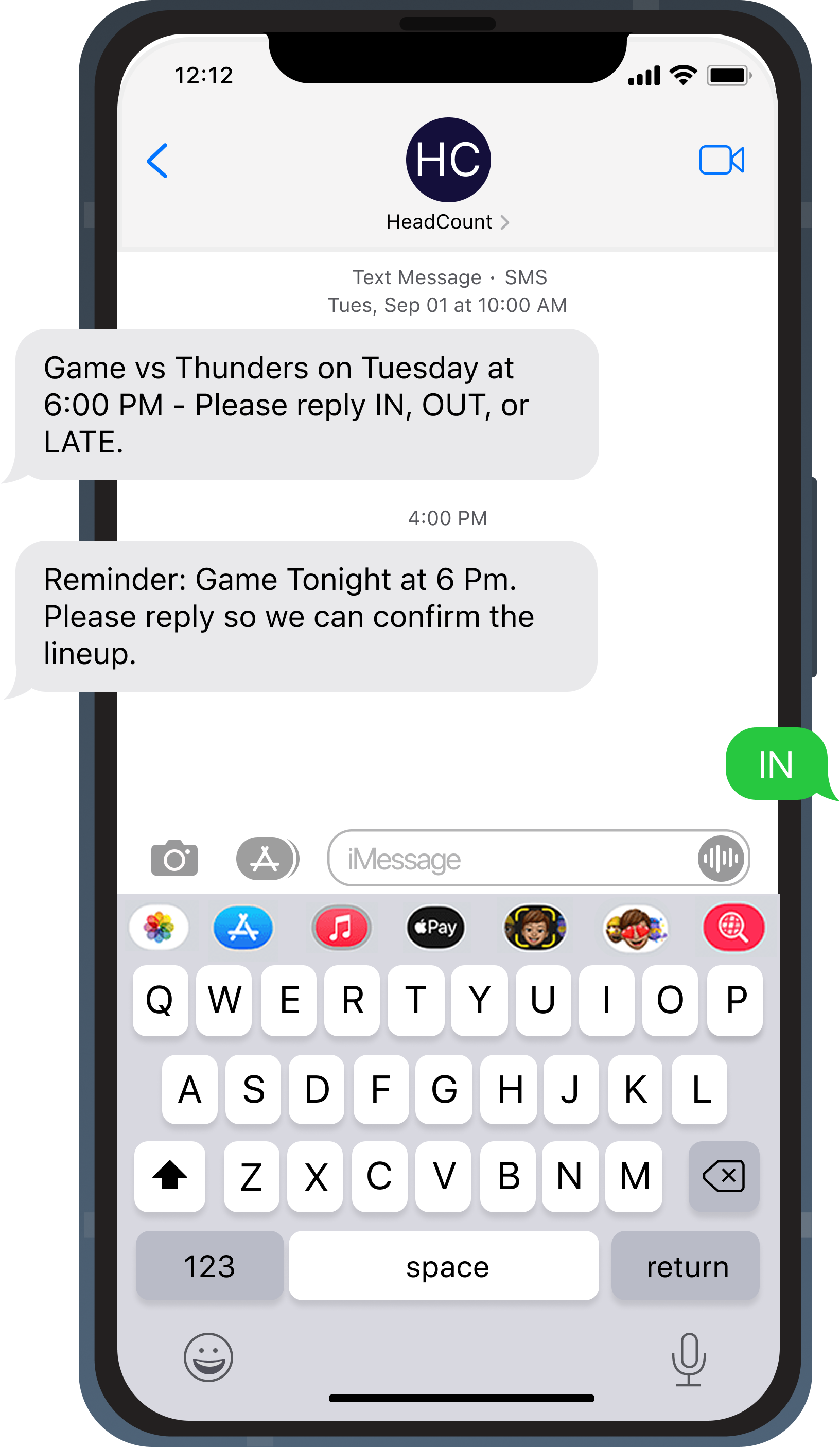 iPhone showing Headcount auto-reminder text message conversation